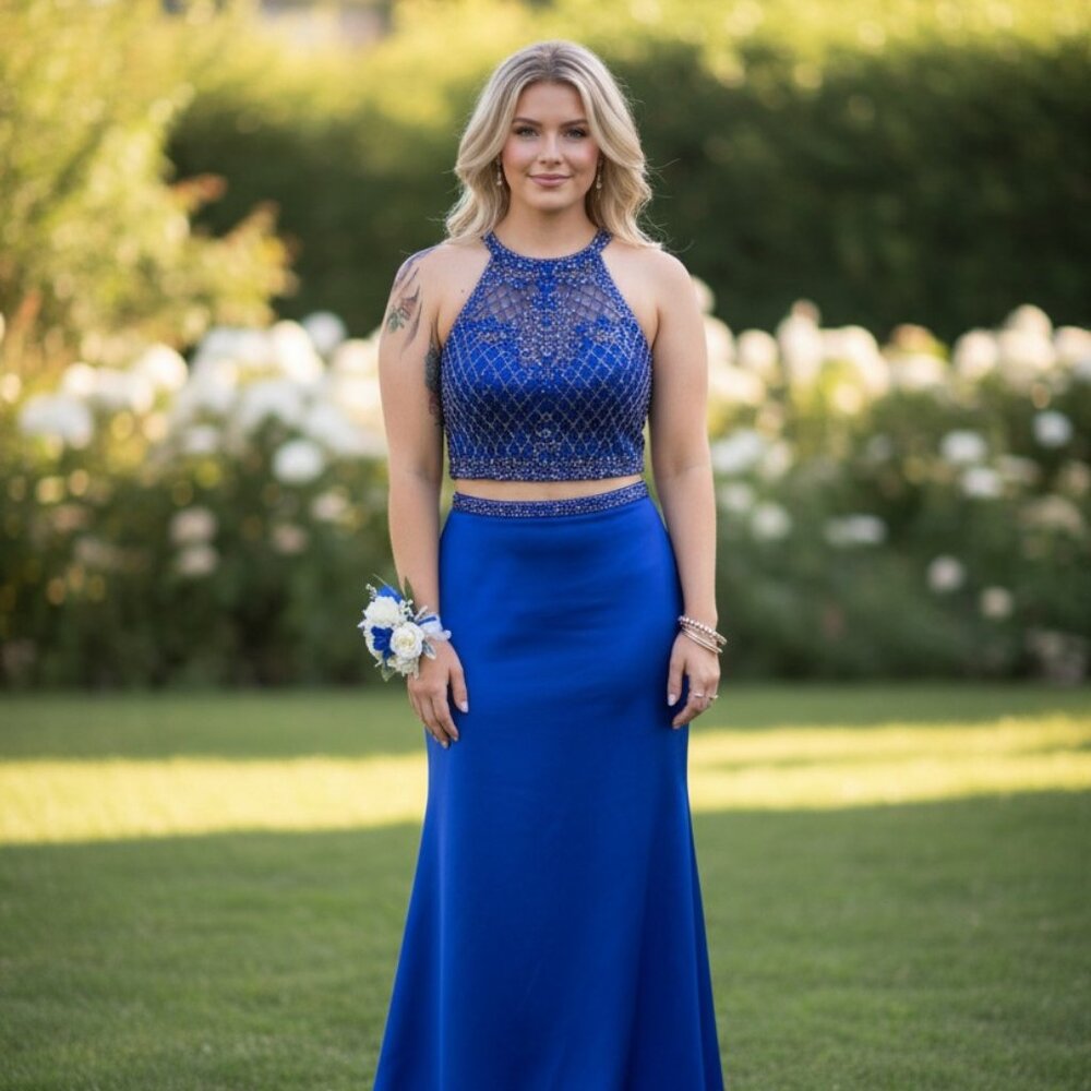 Prom 2026 Royal Blue Beaded sz 12 Crop top Maxi Dress by Splash w/protective bag